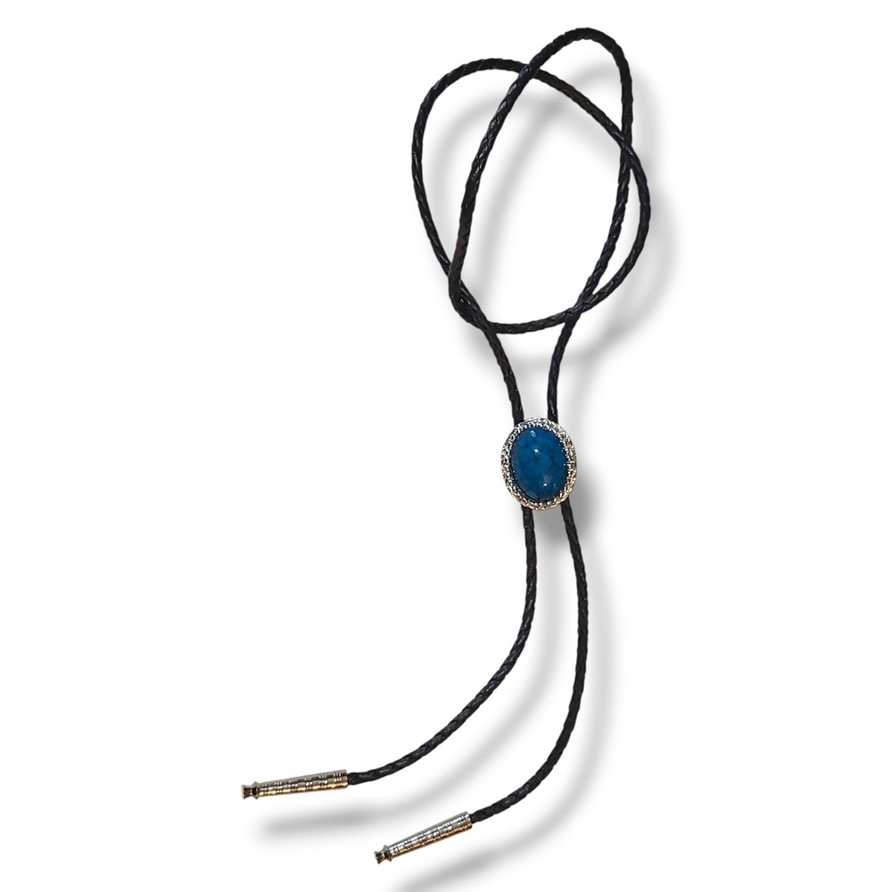 Vintage Faux Turquoise‎ Cabochon Bolo Tie Black Leather Silver Tone Western